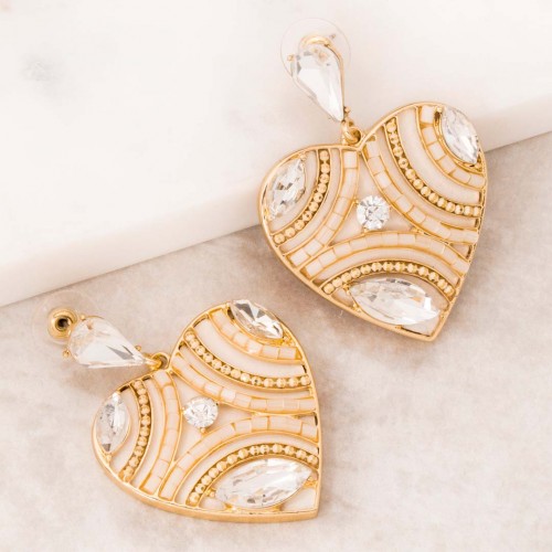 LOVA REVE Beige Gold Earrings Mid-length Dangling Golden Heart and Beige Rhodium Crystal