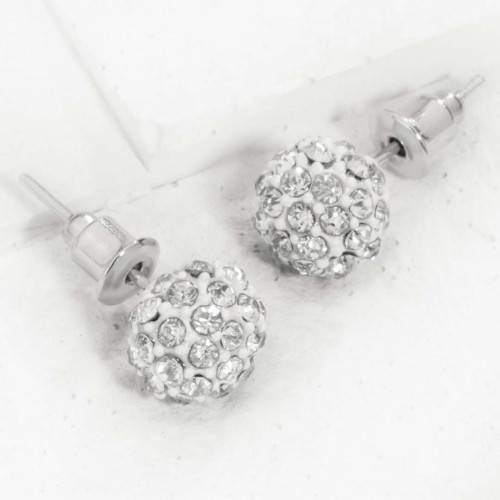 Boucles d'oreilles CLEONA CRYSTAL White Silver Puces clous Boule perle pavée de cristaux Argent et Blanc Rhodium Cristal