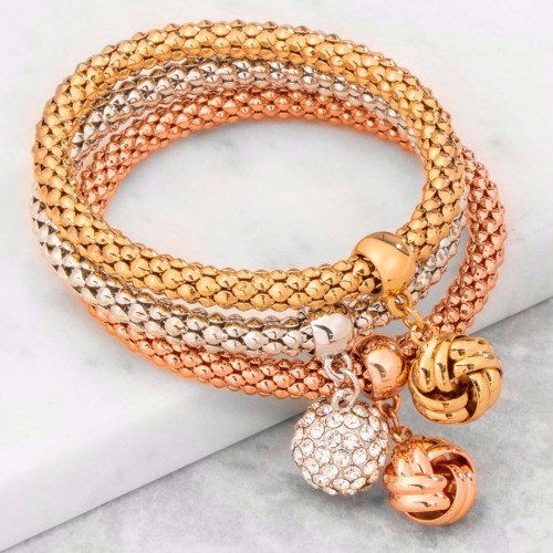 Bracelet PELOTIS All Gold Jeu de 3 bracelets Noeud à 3 rubans Argent Doré Rosé Rhodium Cristal