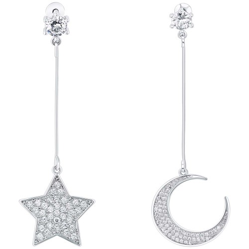 Boucles d'oreilles STARS BY MOON White Silver Pendantes pavées étoile et lune Argent et Blanc Rhodium Cristal