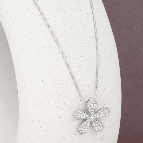 Collier FLORUS White Silver Ras de cou pendentif Fleur Argent et Blanc Rhodium Cristal