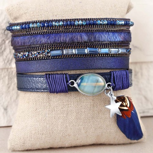 Bracelet LEOPARDO Blue Silver Argent et Bleu Rhodium et Simili-Cuir Cristal et Plumes