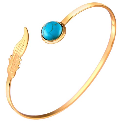 Bracelet PEDROSA Turquoise Gold Jonc réglable flexible rigide plume Doré à l'or fin pierre semi-précieuse Turquoise reconstituée