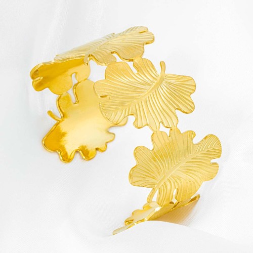 Bracelet MONSTELIA LEAF STEEL Gold Manchette réglable flexible rigide ajourée Feuillage Doré Acier inoxydable doré à l'or fin