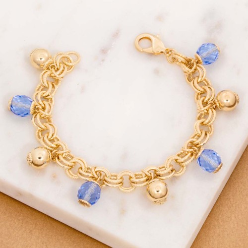 Bracelet PAULINA Blue Gold Bracelet chaine souple Pendentifs perles Doré et Bleu Laiton doré à l'or fin Pâtes de verre